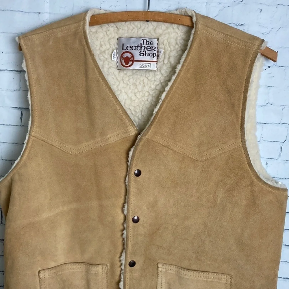 Vintage The Leather Shop Sears Suede Vest Faux Shearling Lining M Western Rodeo
